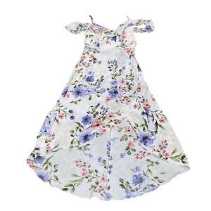 iZ Byer White High Purple Low Peep Shoulder Floral Swing Dress Size 7 Women’s